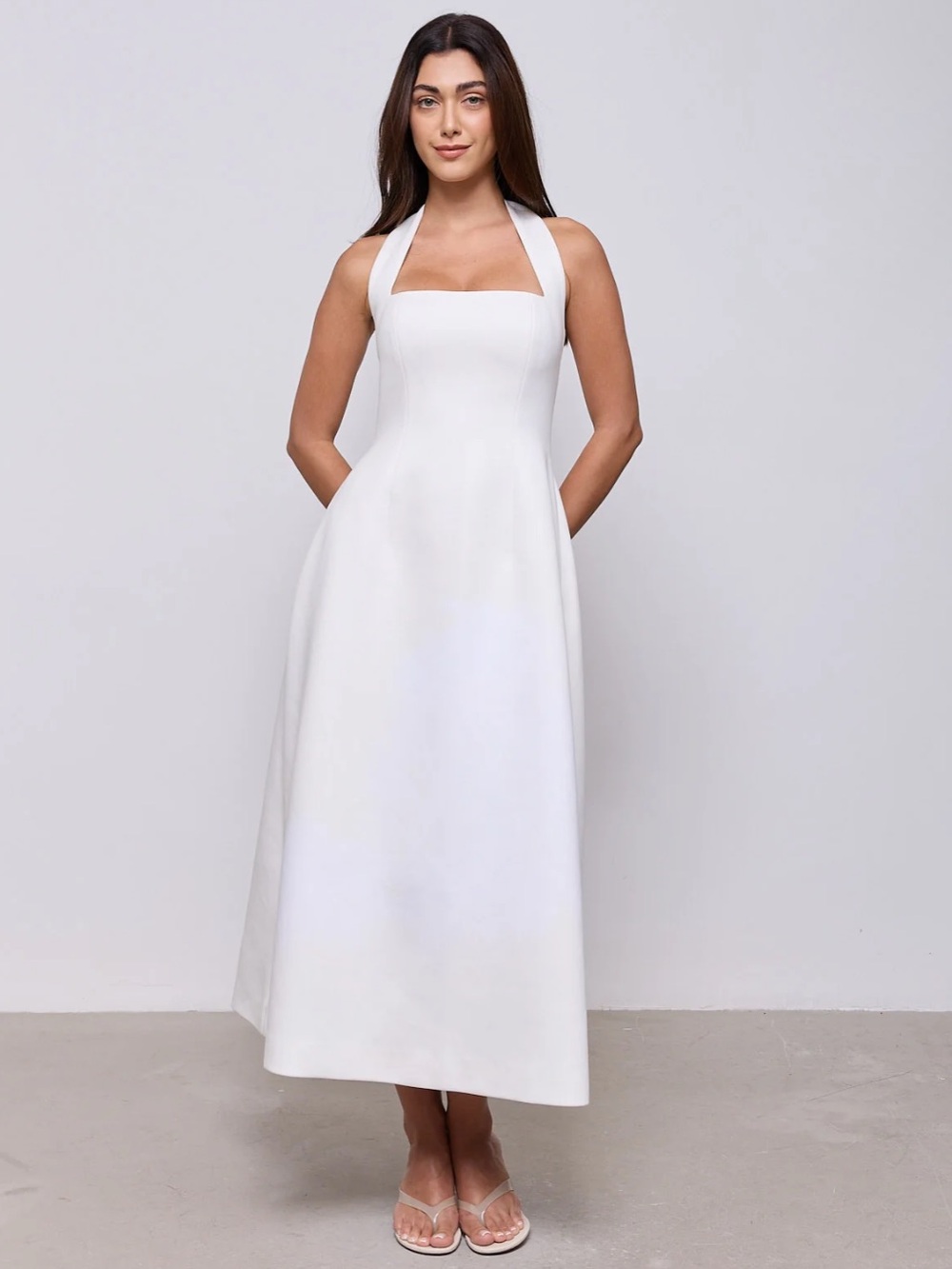 Cotton-Mix Halter Midi Dress in White